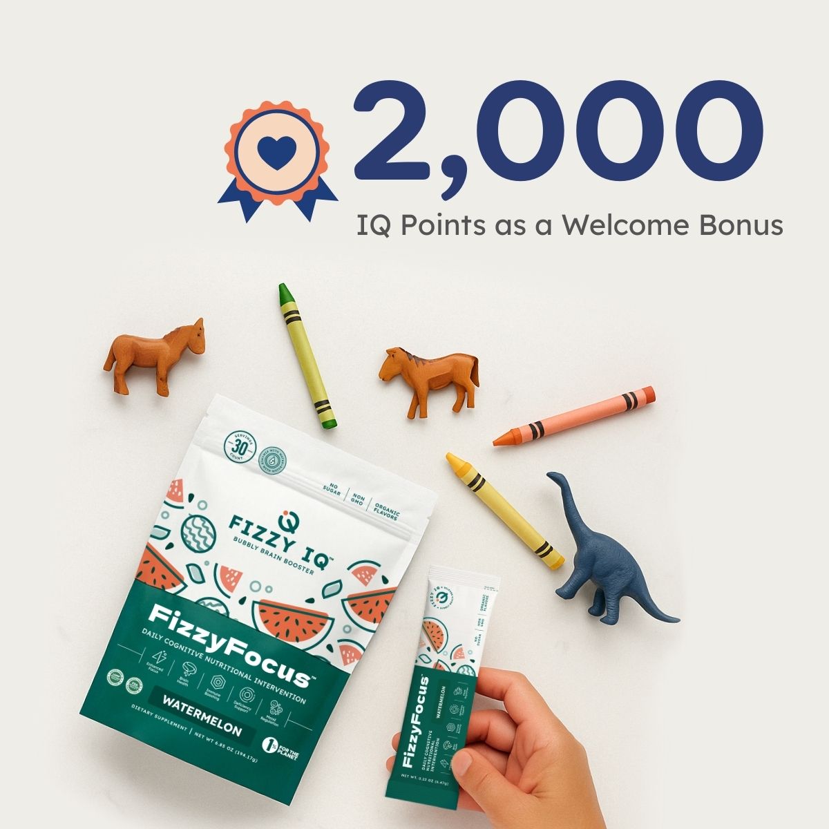 FizzyFocus product with crayons, toy animals, and 2,000 IQ points bonus text.
