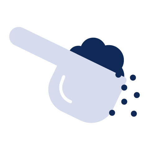 Illustration of a scoop with dark powder spilling out.