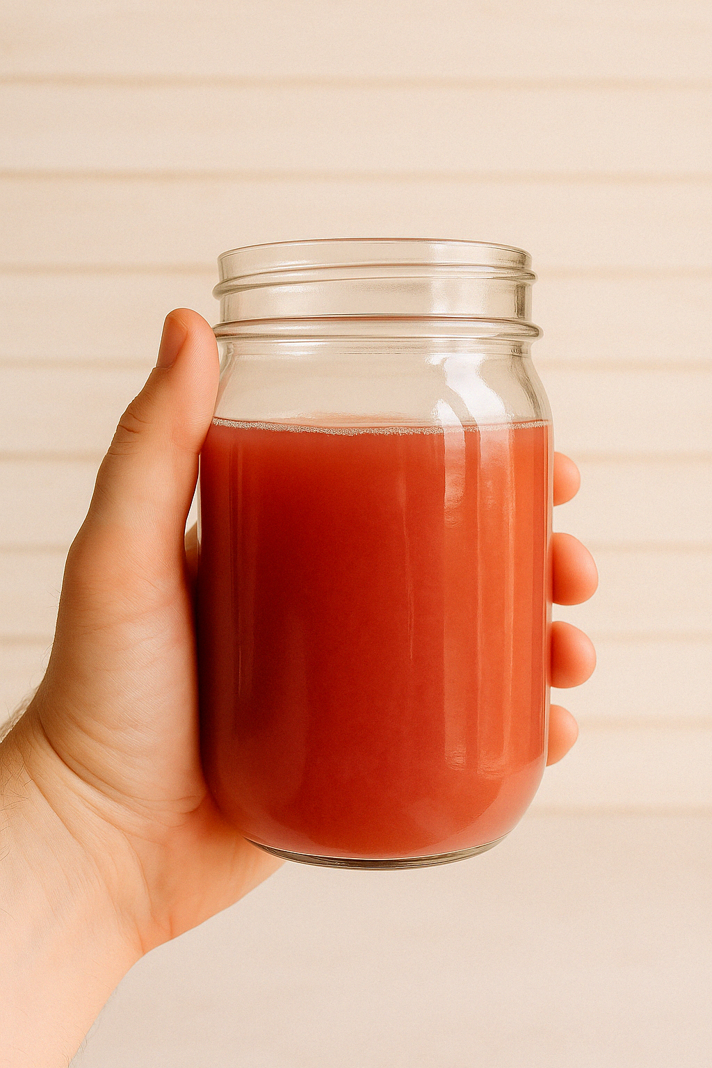 Hand holding a glass jar filled with red liquid.