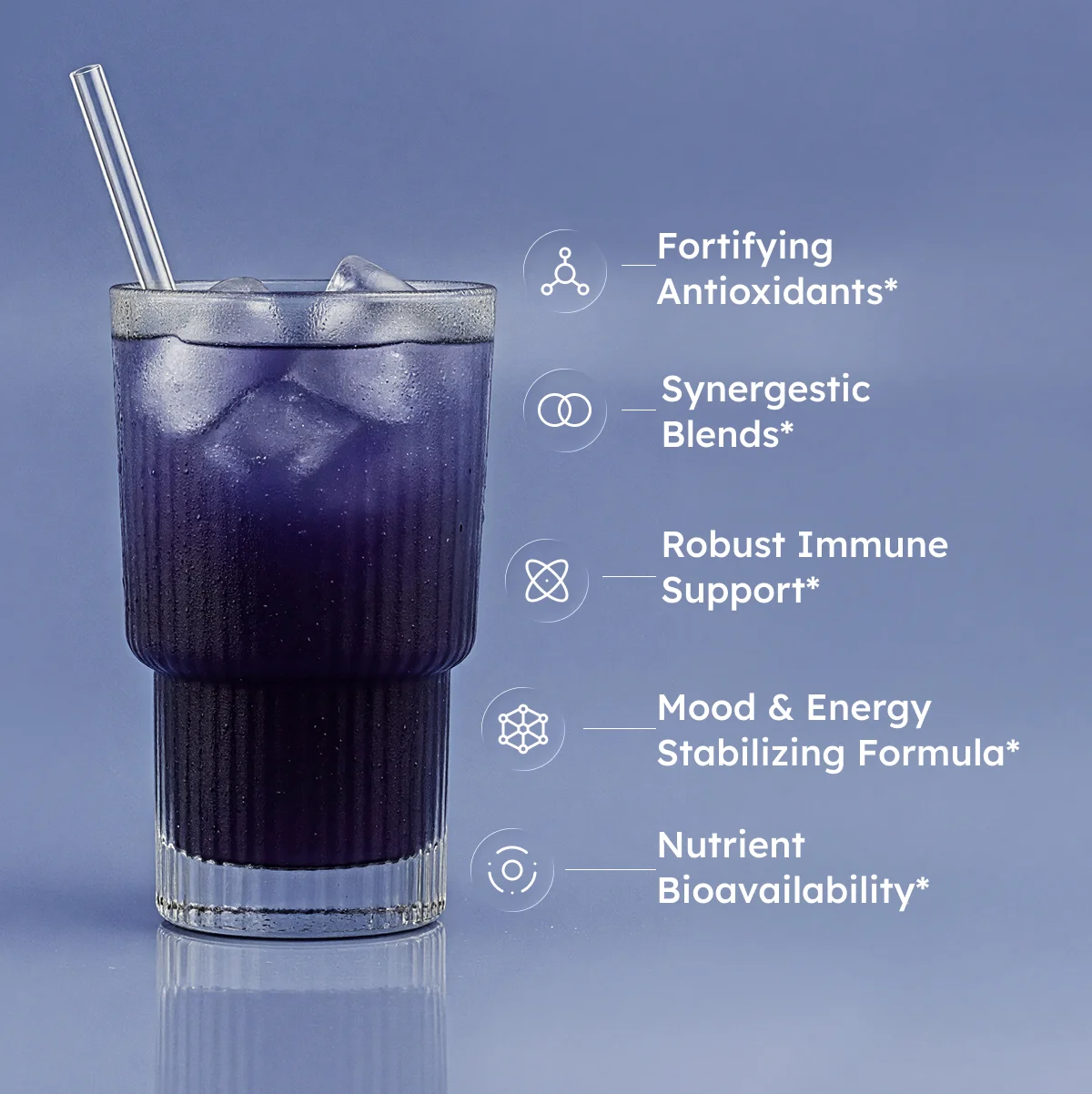 Glass of purple iced drink with a straw and text describing health benefits.