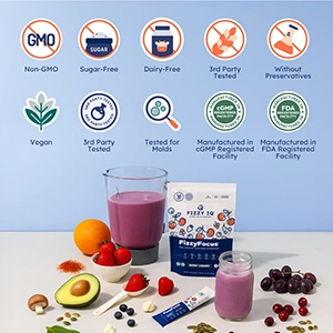 Purple smoothie, fruits, and product package on a table with health-related icons above.