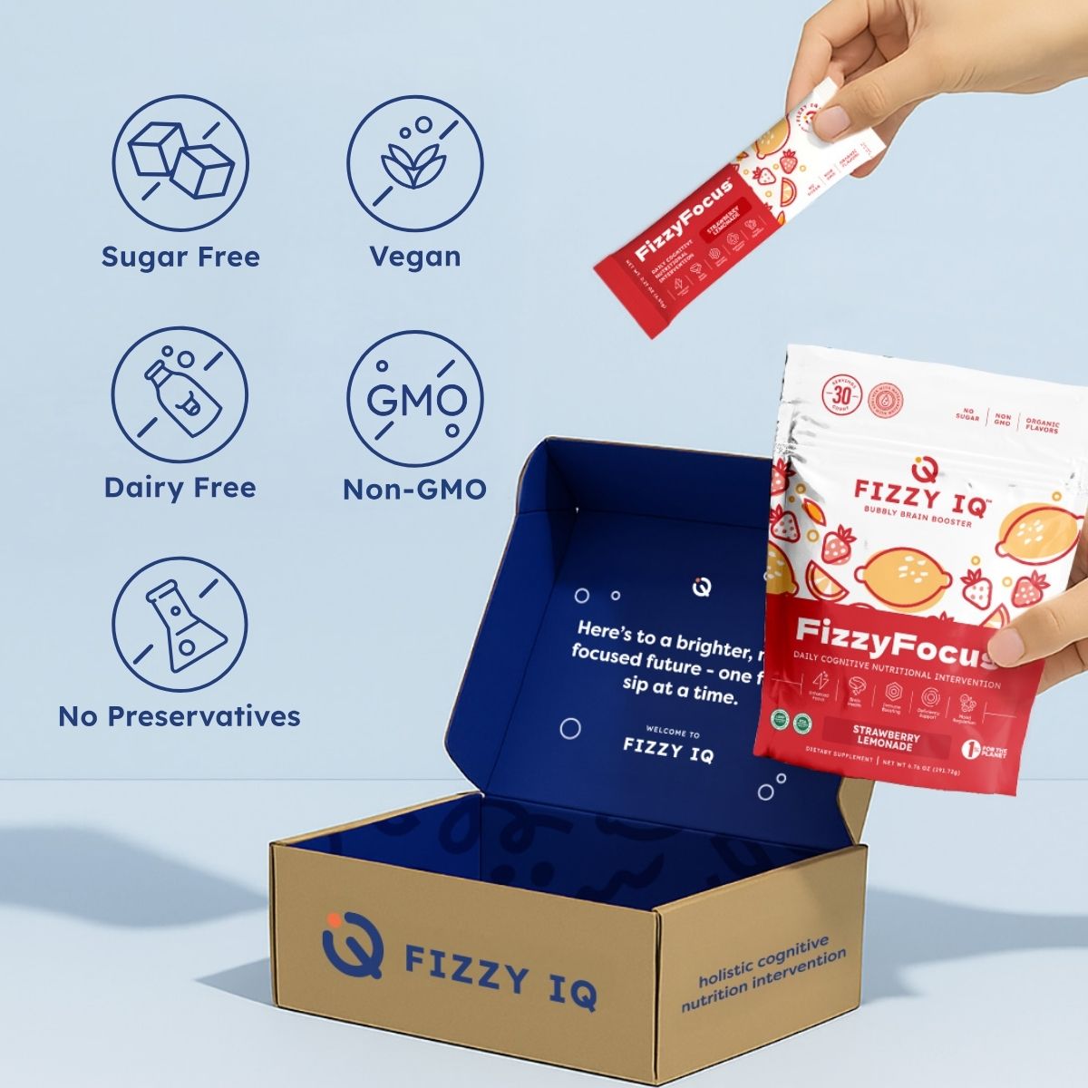 Fizzy IQ product packaging with icons for sugar-free, vegan, dairy-free, non-GMO, and no preservatives.