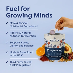 Hand holding scoop above supplement pack with fruits and promotional text.