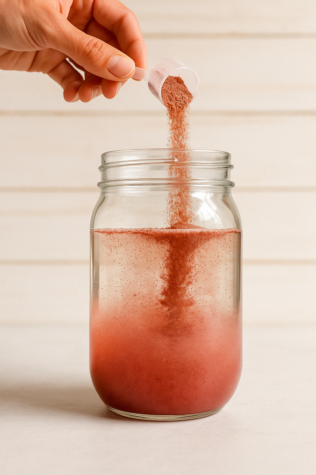 Hand pouring powder into a glass jar with a liquid.