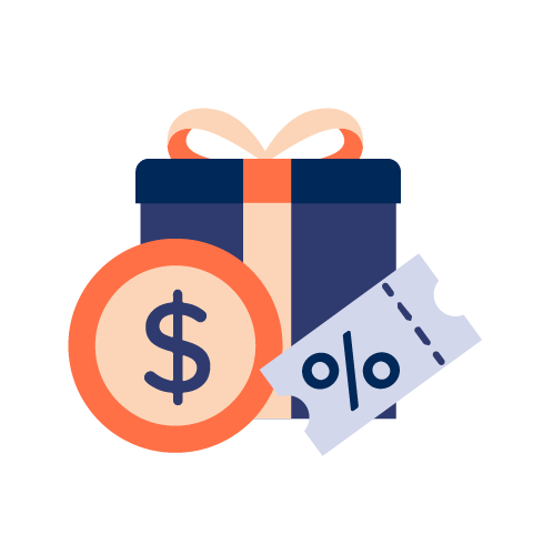 Illustration of a gift box, dollar coin, and discount ticket.