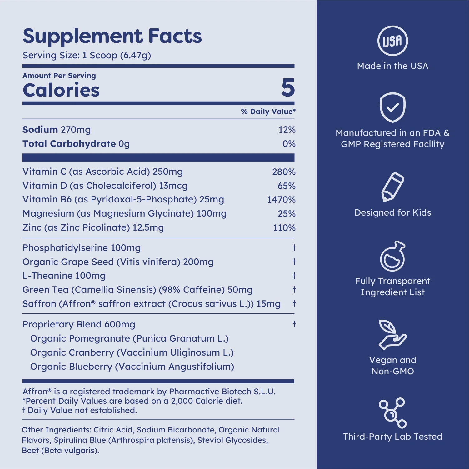 Supplement facts label with ingredient list and nutrition information.