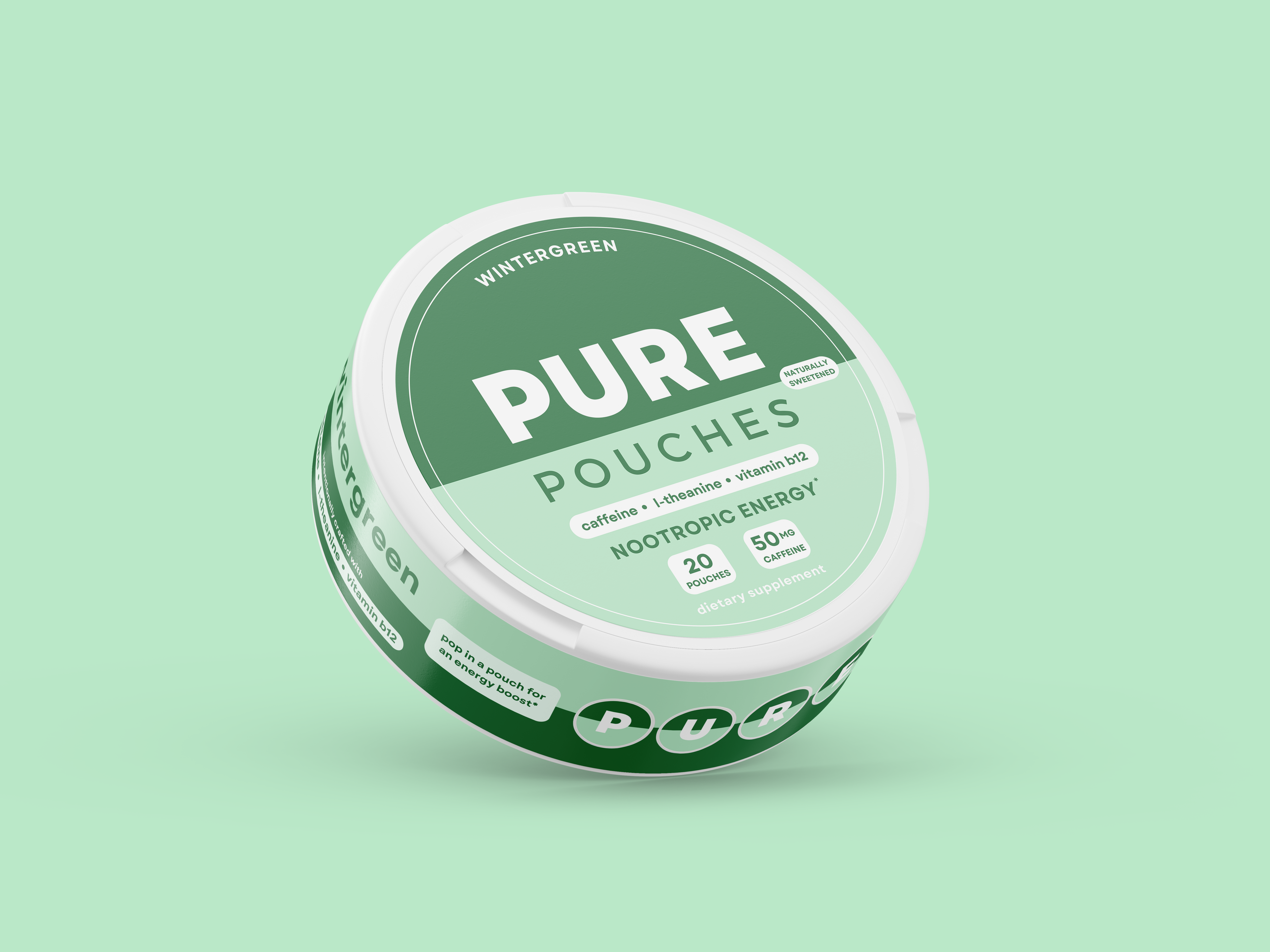 A white and green circular container of Pure Pouches Wintergreen Nootropic Energy against a light green background.