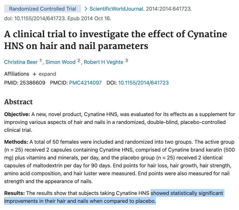 A screenshot of an abstract from a clinical trial on the supplement Cynatine HNS for hair and nails.