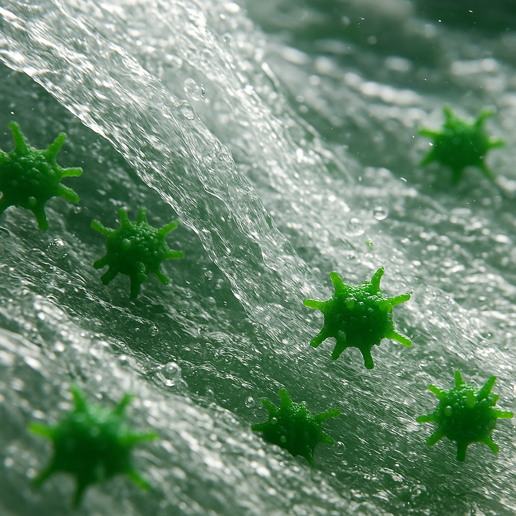Green spiky objects floating in a watery environment.