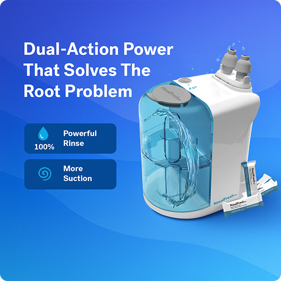 Nasal irrigation device with water tank, tubes, and text promoting dual-action power.