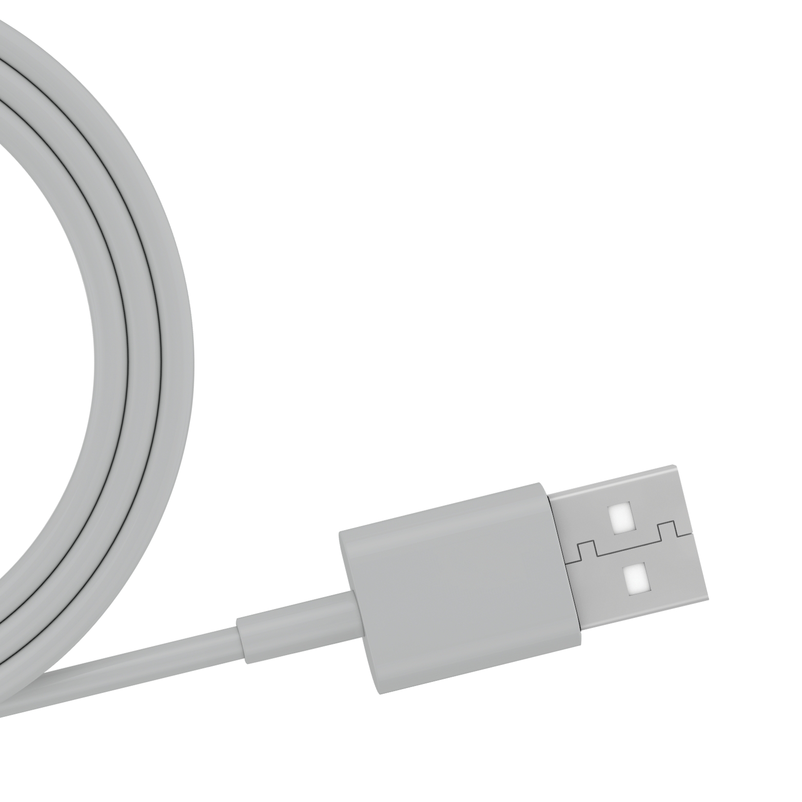 A close-up of a grey USB cable with USB-A connector.