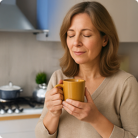 Woman enjoying a hot drink in a kitchen, eyes closed.