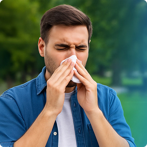 Person sneezing into a tissue outdoors.