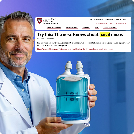 Man in lab coat holding a nasal rinse device with article text overlay.
