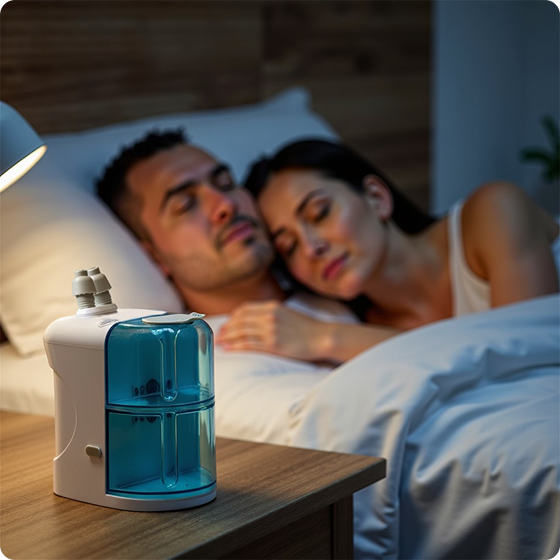 Couple sleeping in bed with a humidifier on the bedside table.
