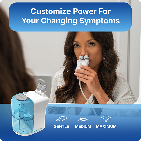 Woman using a nasal device with customizable power settings.