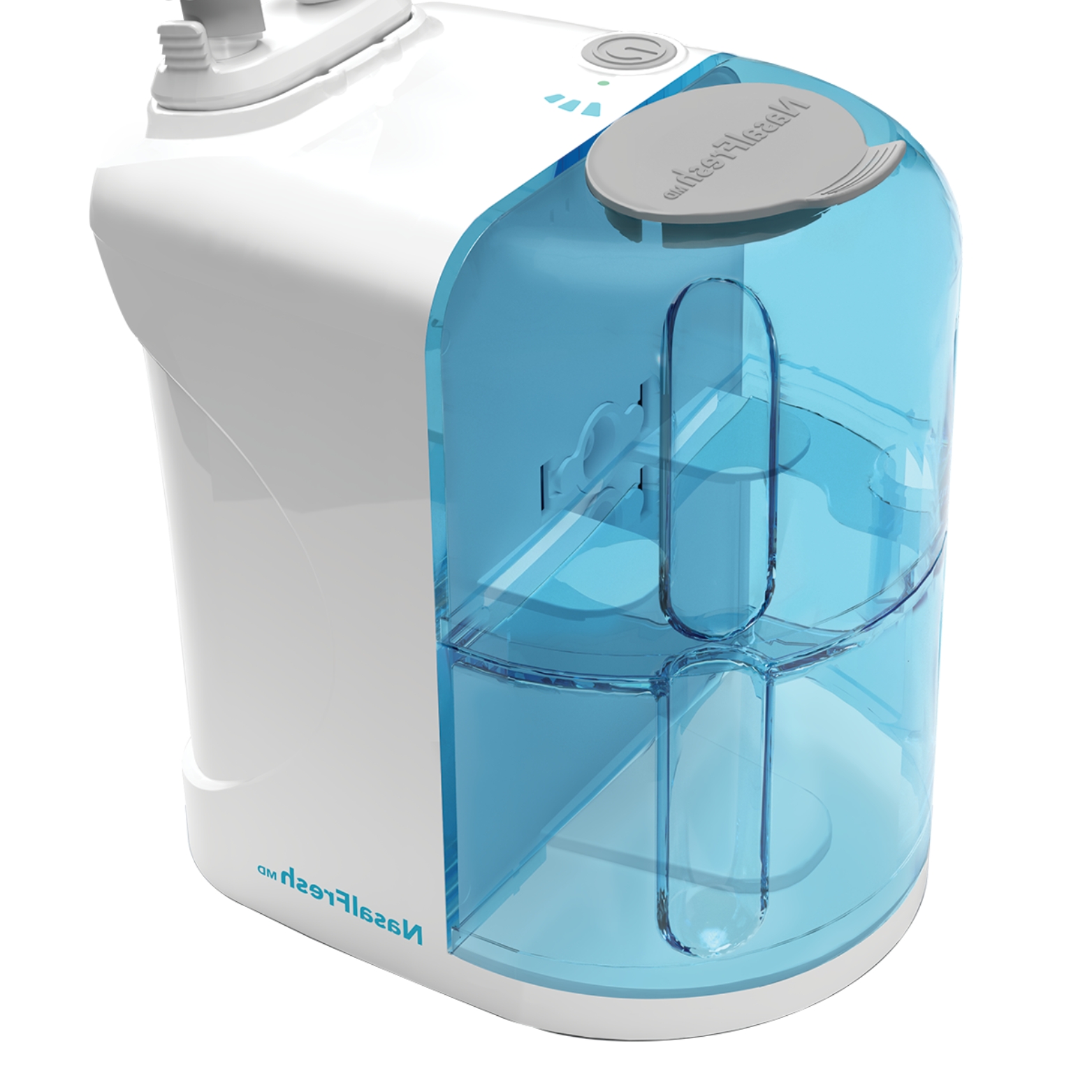 White humidifier with a translucent blue water tank.
