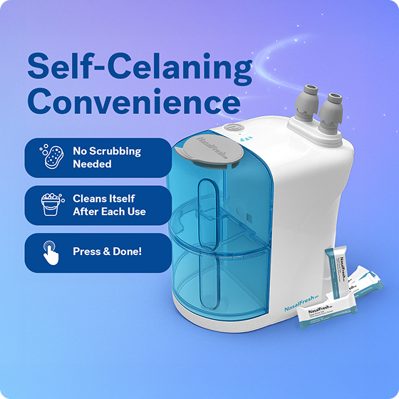 Image of a self-cleaning device with blue accents and convenience features listed.
