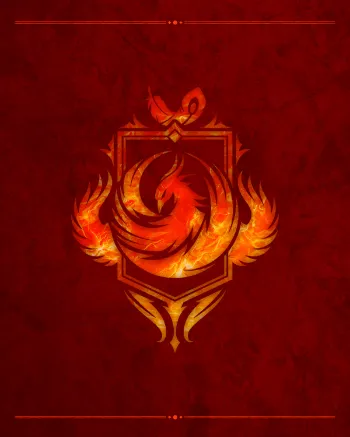 Fiery phoenix emblem on a red textured background.
