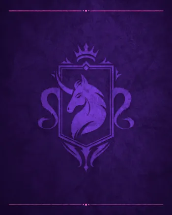Purple unicorn emblem with crown on a dark background.