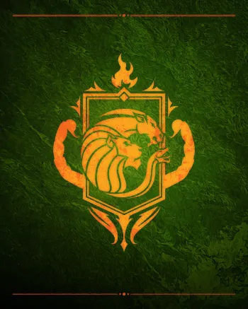 Golden lion emblem on a textured green background.