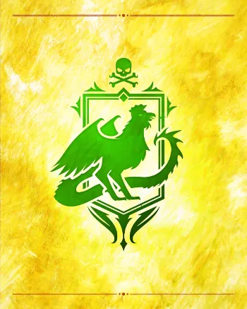 Green dragon emblem on a yellow textured background.