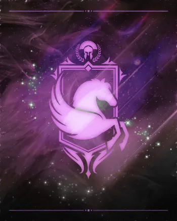 Purple emblem with a winged horse on a starry, cosmic background.