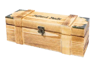 Wooden box with metal corners and latch, engraved with 'National Parks'.