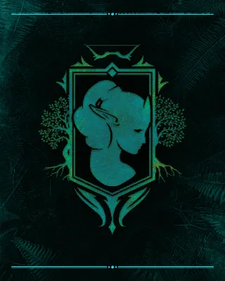 Silhouette of an elf with pointed ears in a decorative frame.