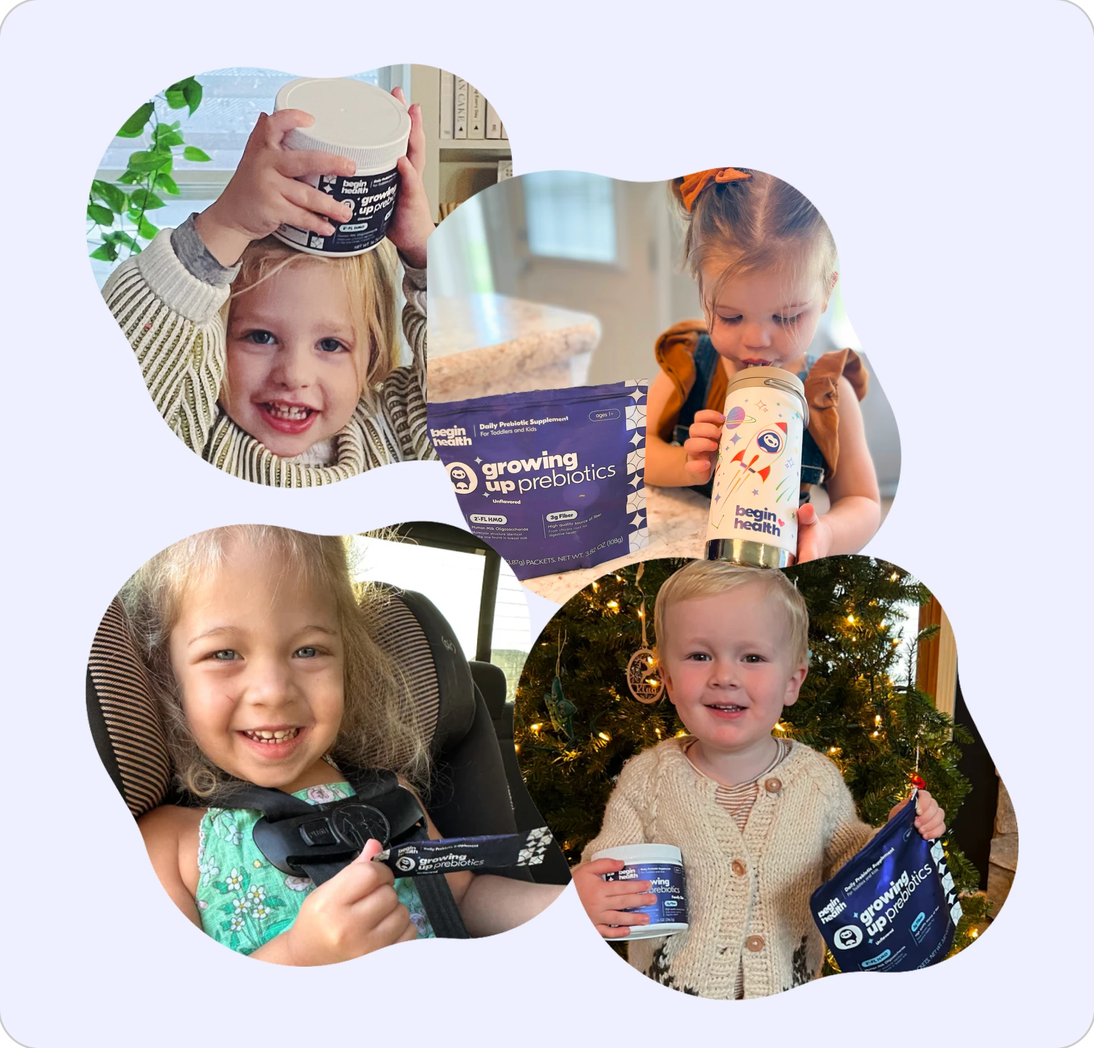 Collage of children holding prebiotic products with smiling faces.