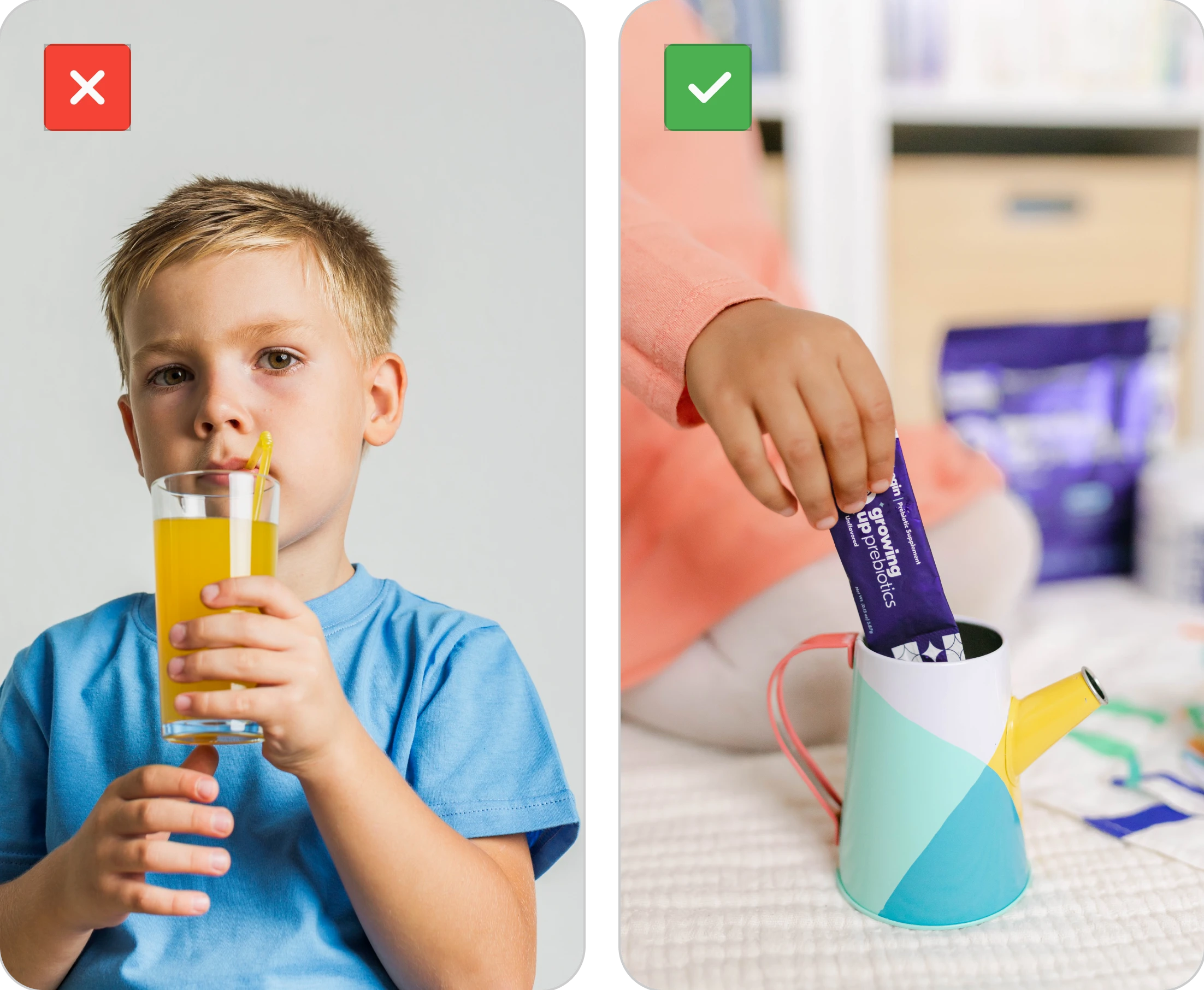 Child drinking juice with a straw; hand pouring packet into a colorful pitcher.