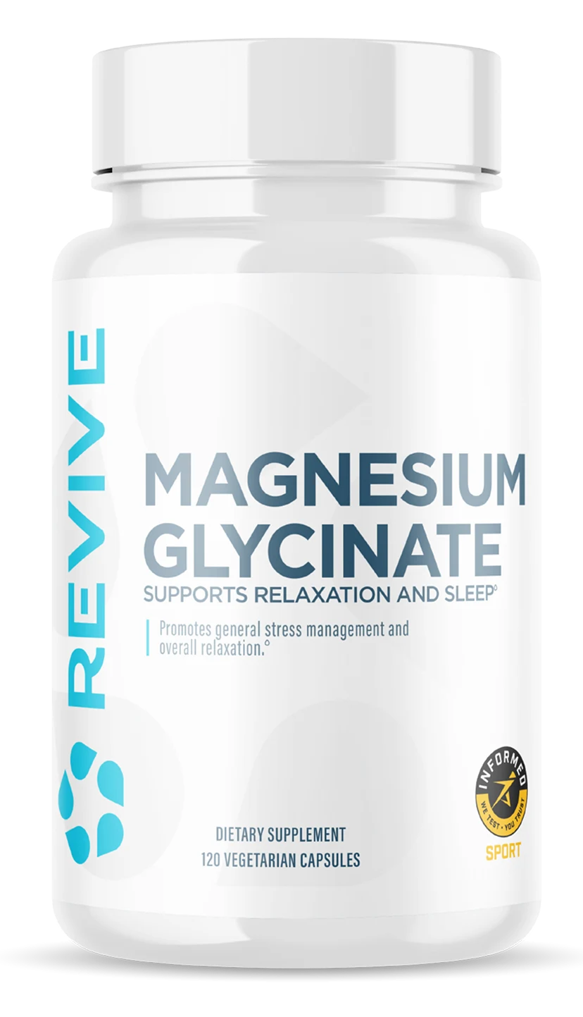 A white bottle of Revive Magnesium Glycinate dietary supplement for relaxation and sleep support.