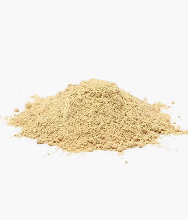 A small pile of fine, light brown powder on a white background.