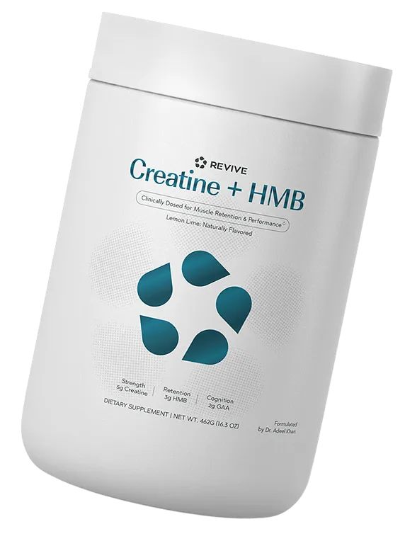 A white container of Revive Creatine + HMB dietary supplement in lemon-lime flavor.