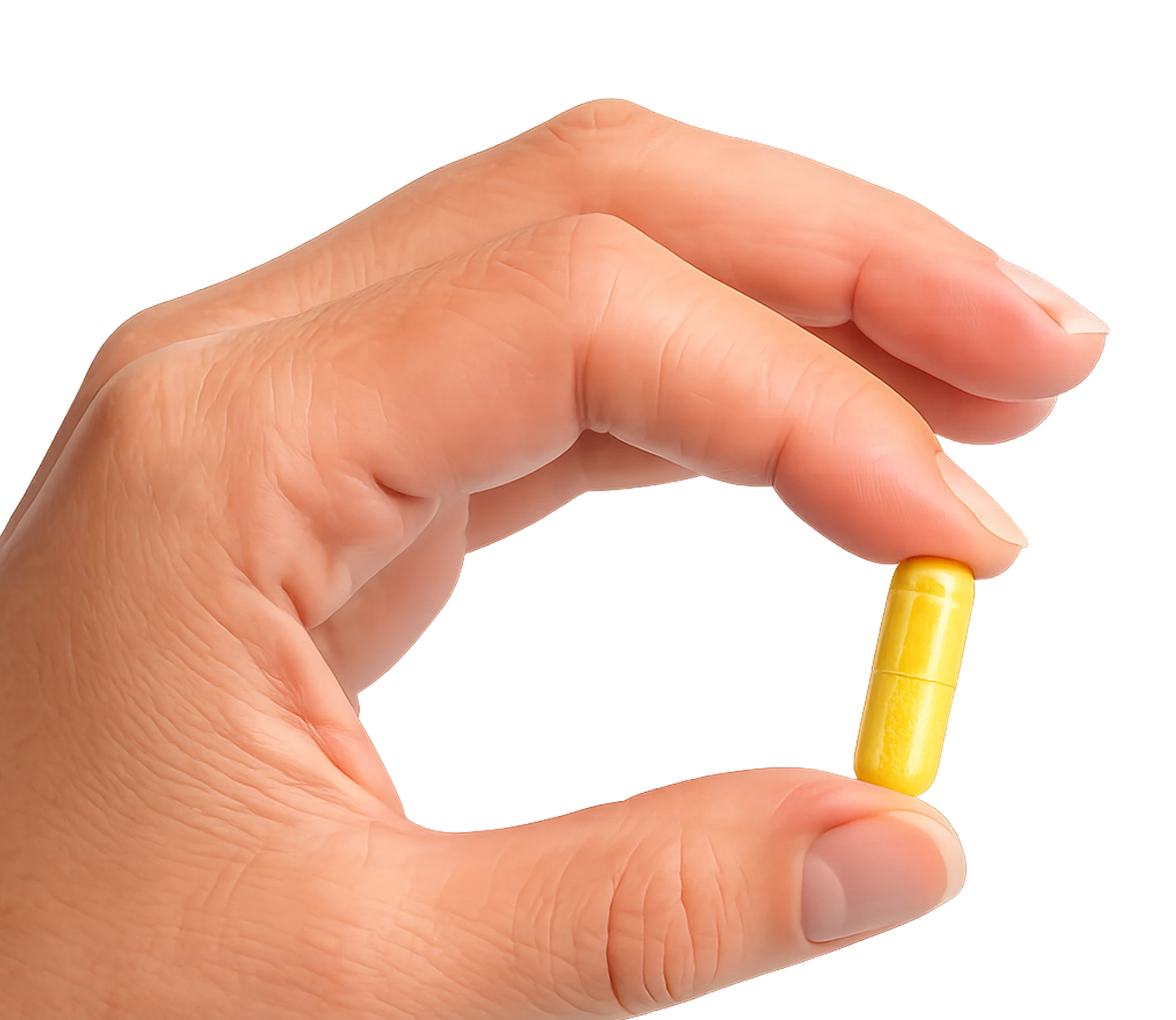 A close-up of a hand holding a yellow capsule between the thumb and forefinger on a green background.