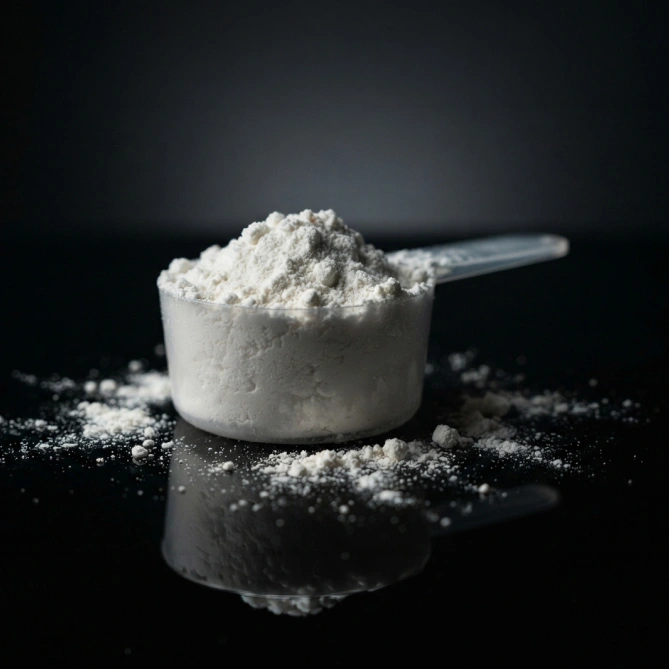 A measuring scoop filled with white powder sits on a black reflective surface.