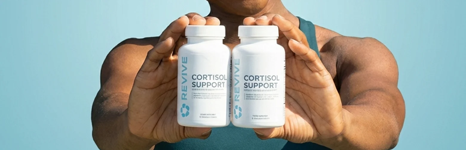 A muscular person holds up two bottles of Revive Cortisol Support supplement against a blue background.