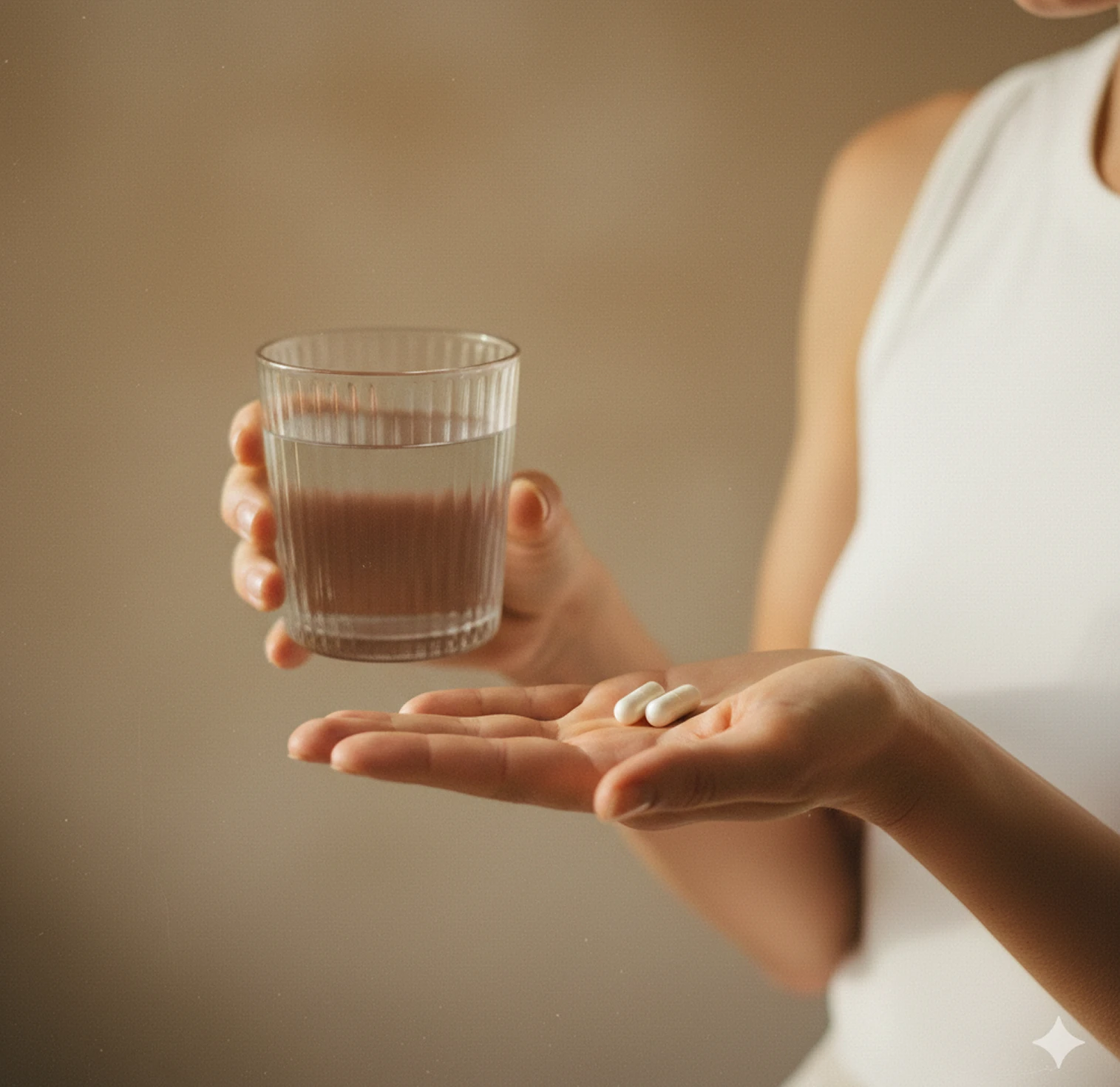 A person holding two white pills in one hand and a glass of water in the other.