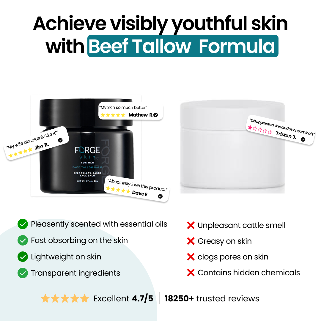 Two cosmetic jars with product reviews and a list of pros and cons.