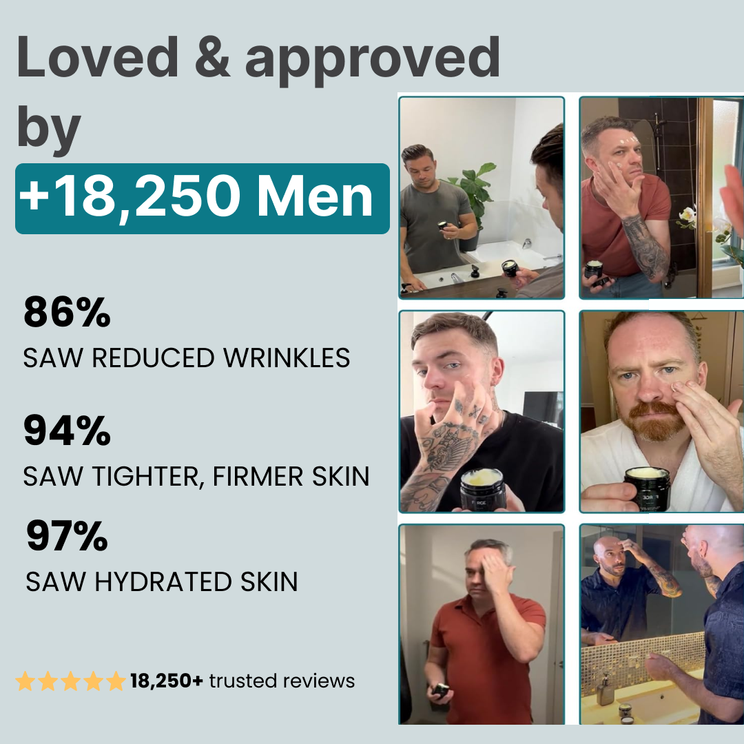 Images of men applying skincare products with statistics of product satisfaction.
