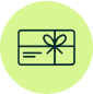 Icon of a gift card with a bow on a green circle background.
