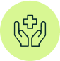 Icon of hands holding a medical cross on a green circle background.