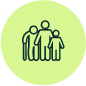 Icon of three figures representing different ages on a green circle background.