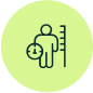 Icon of a person with a clock and height scale on a green circle background.