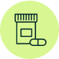 Icon of a pill bottle and capsule on a green circle background.
