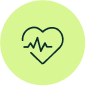 Green circle with a heart and heartbeat line icon.