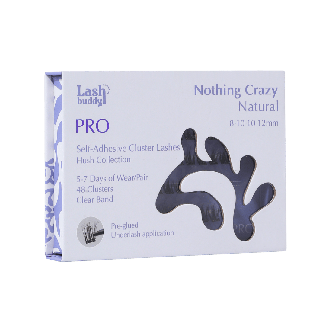 Box of Lashbuddy Pro self-adhesive cluster lashes with cutout design.
