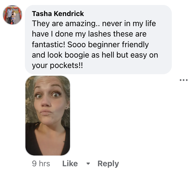 A person with wide eyes and pursed lips, with a comment about eyelashes above.