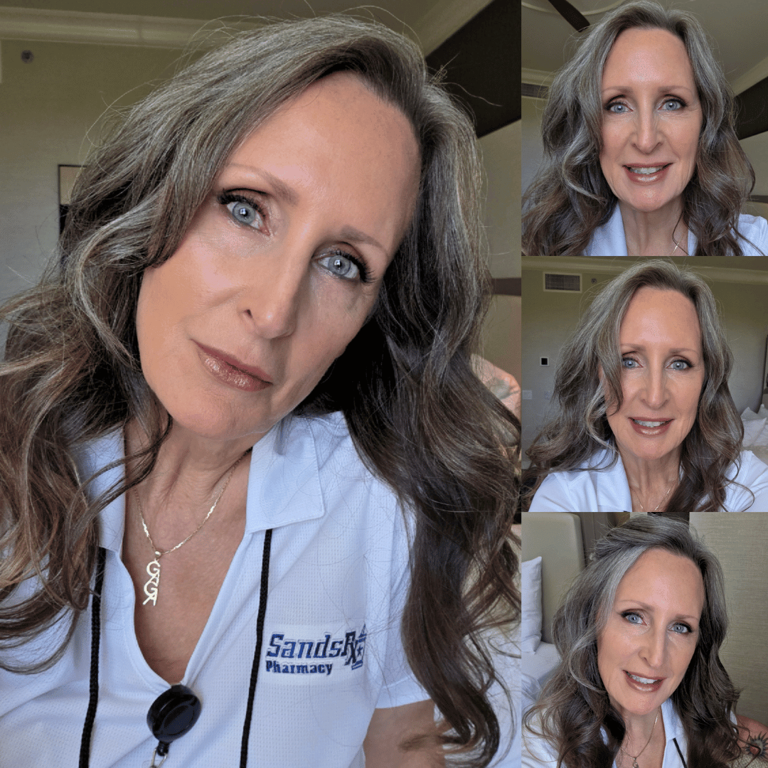 A four-photo collage of a woman with long, wavy, graying hair wearing a white polo shirt.