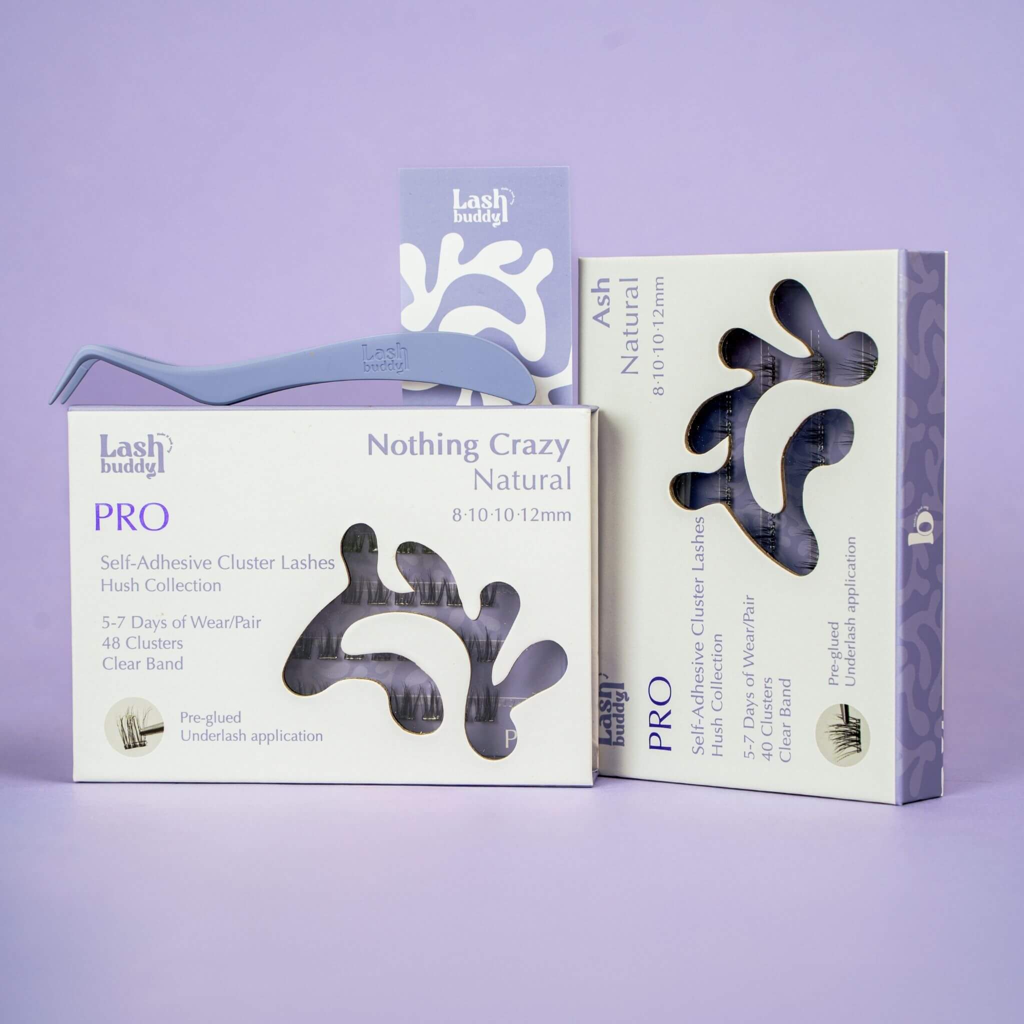 Two boxes of self-adhesive cluster lashes with a lash applicator on a purple background.